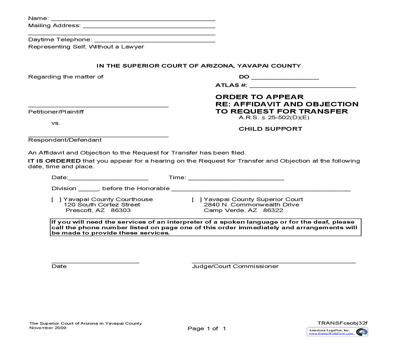Order To Appear Re Affidavit And Objection To Request For Transfer {TRANSFcsobj32f} | Pdf Fpdf Doc Docx | Arizona