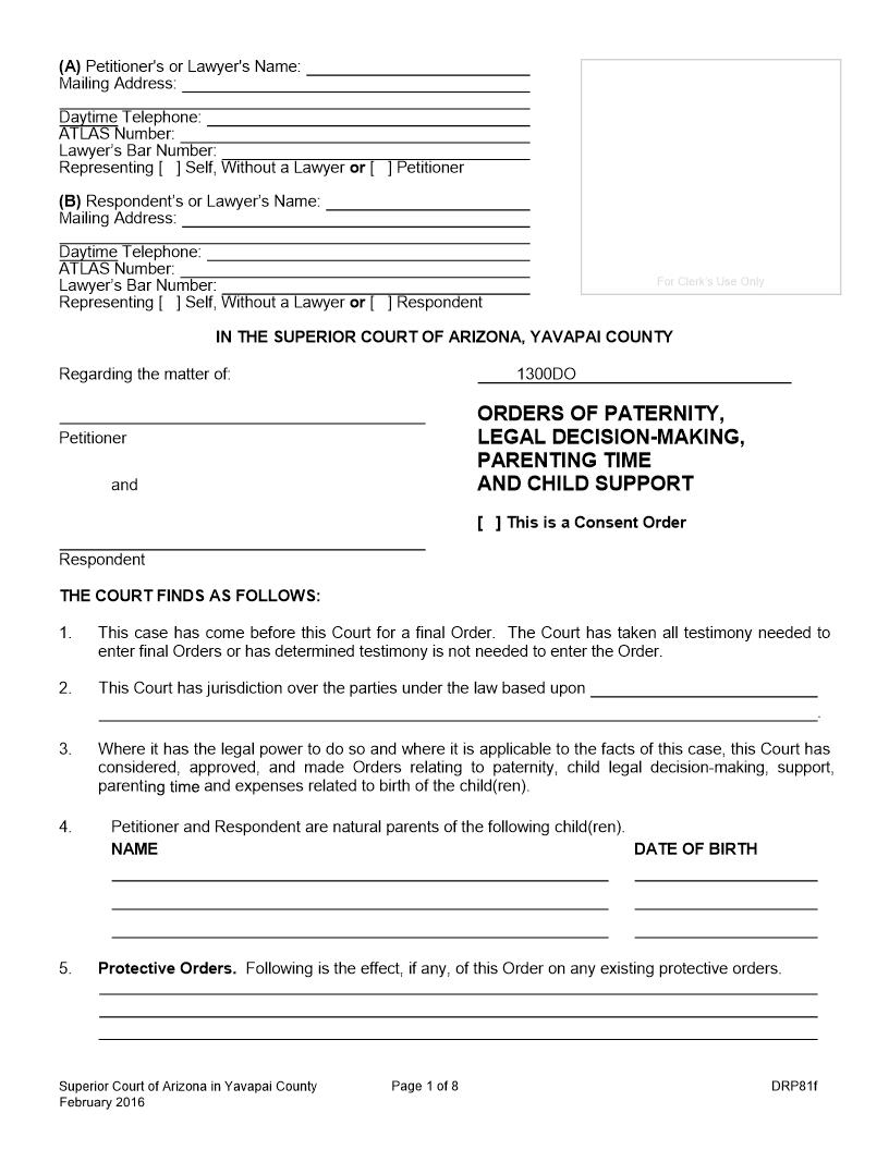Orders Of Paternity Legal Decision Making Parenting Time {DRP81f} | Pdf Fpdf Docx | Arizona