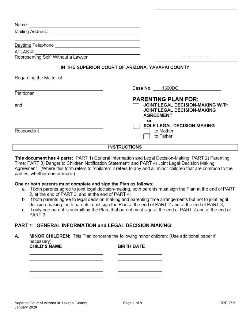 Parenting Plan For Joint Or Sole Custody {DRDC72f} | Pdf Fpdf Doc Docx | Arizona