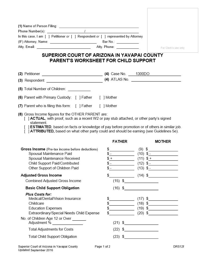 Parents Worksheet For Child Support Amount {DRS12f} | Pdf Fpdf Doc Docx | Arizona