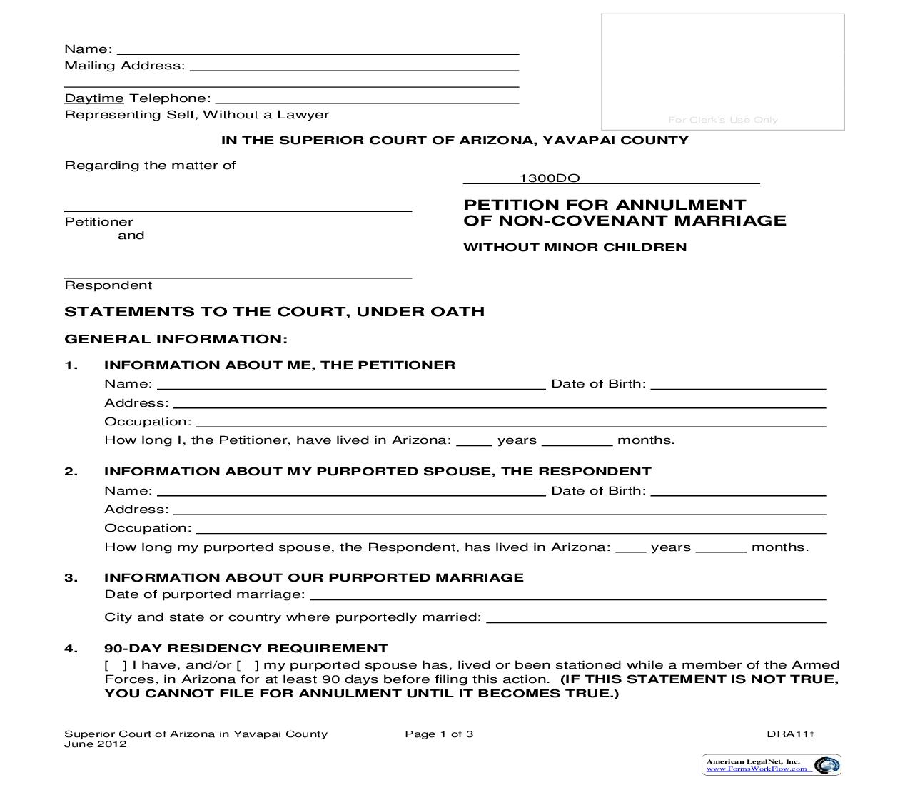 Petition For Annulment Of Non-Covenant Marriage Without Minor Children {DRA11f} | Pdf Fpdf Doc Docx | Arizona