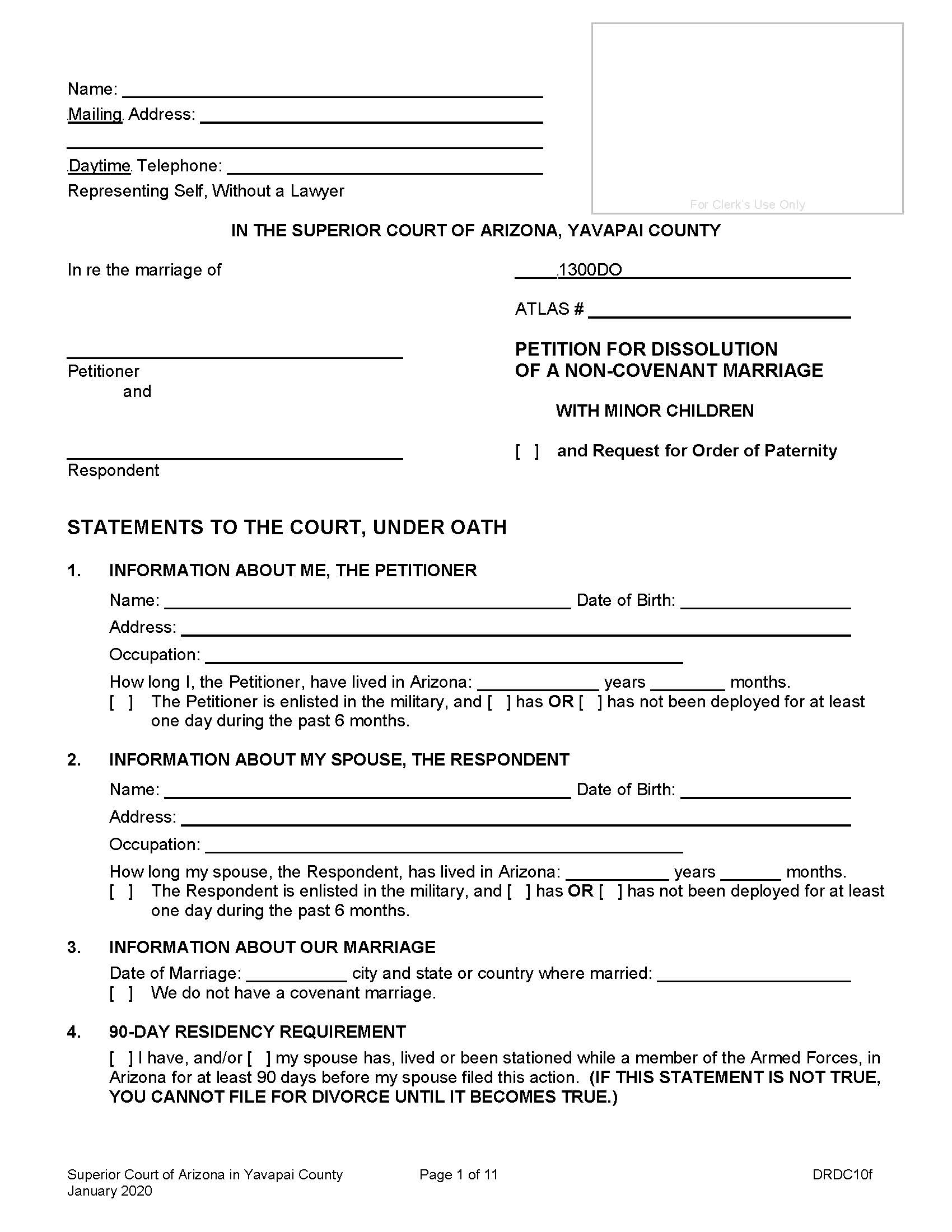 Petition For Dissolution Of Non Covenant Marriage With Minor Children {DRDC10f} | Pdf Fpdf Doc Docx | Arizona