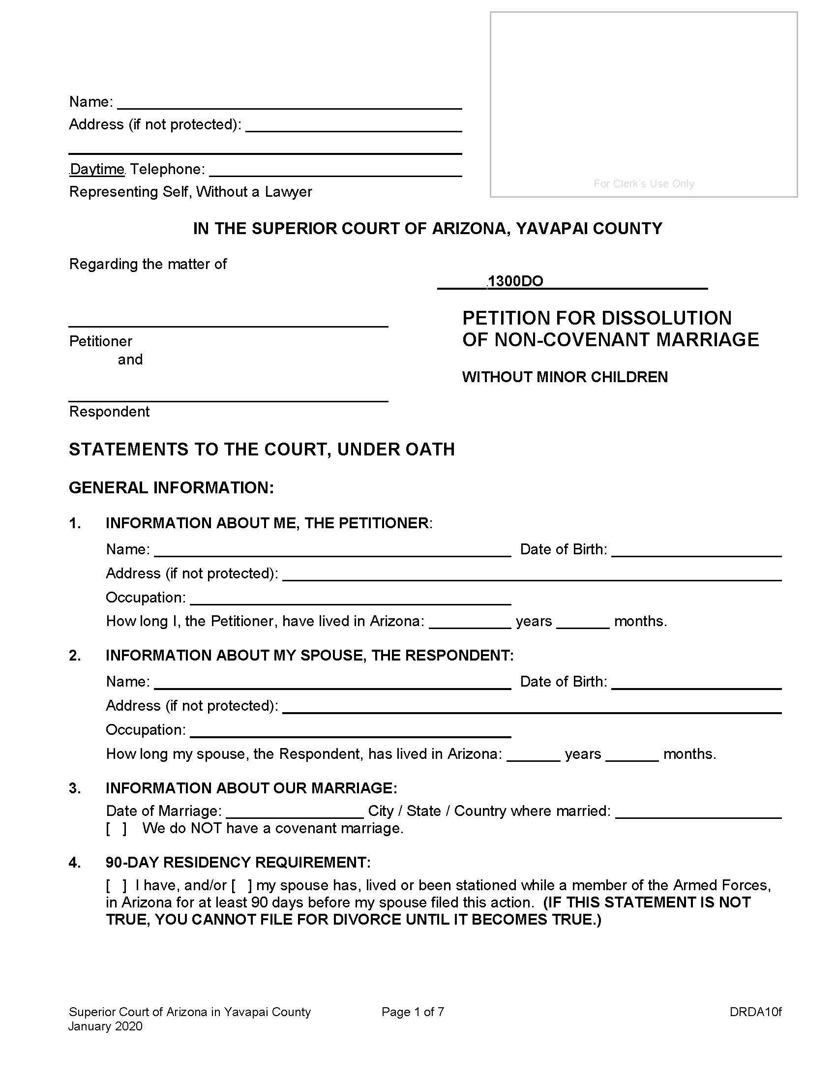 Petition For Dissolution Of Non Covenant Marriage Without Minor Children {DRDA10f} | Pdf Fpdf Doc Docx | Arizona