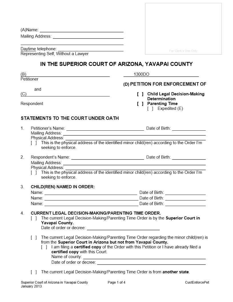 Petition For Enforcement Of Child Legal Decision Paranting Time | Pdf Fpdf Docx | Arizona