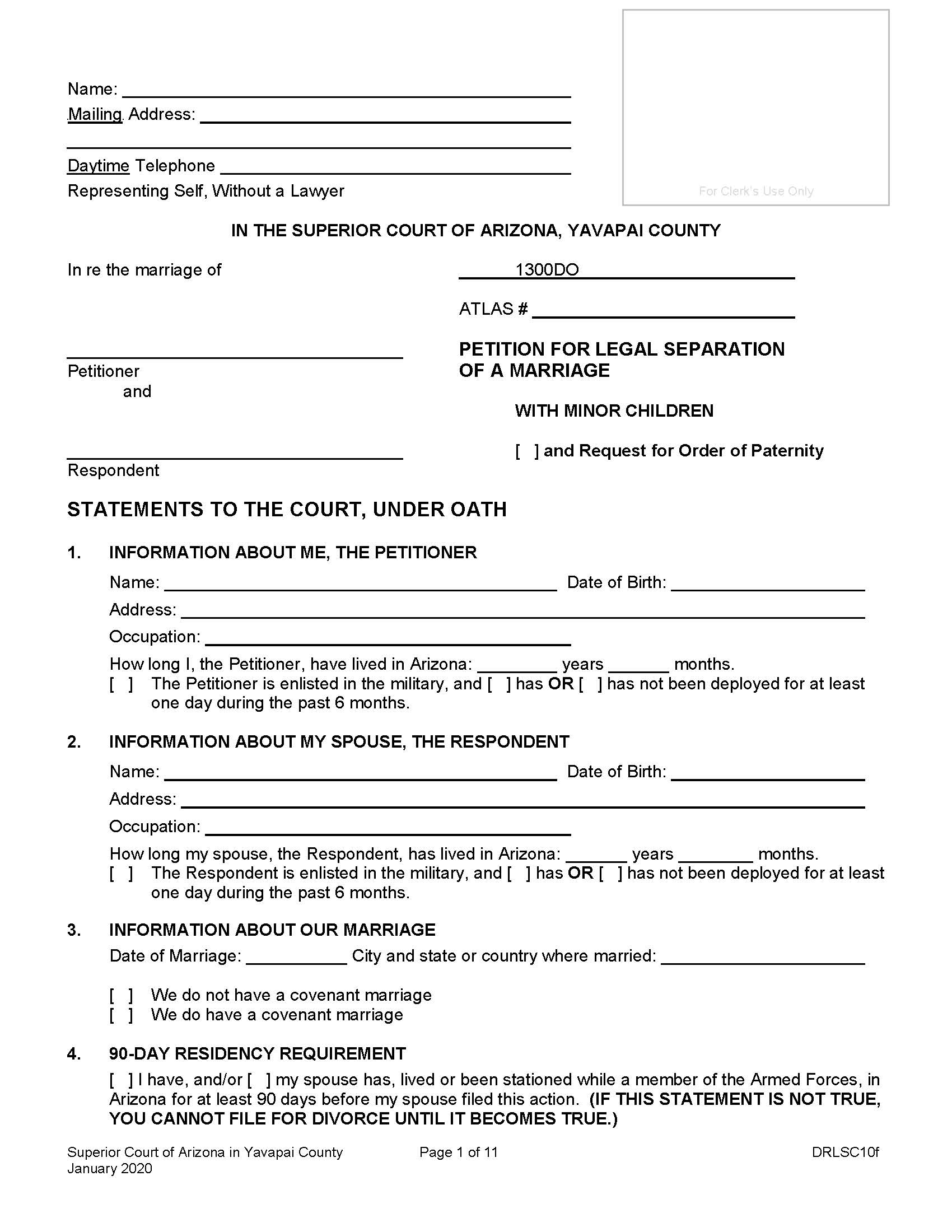 Petition For Legal Separation Of Non Covenant Marriage With Minor Children {DRLSC10f} | Pdf Fpdf Doc Docx | Arizona