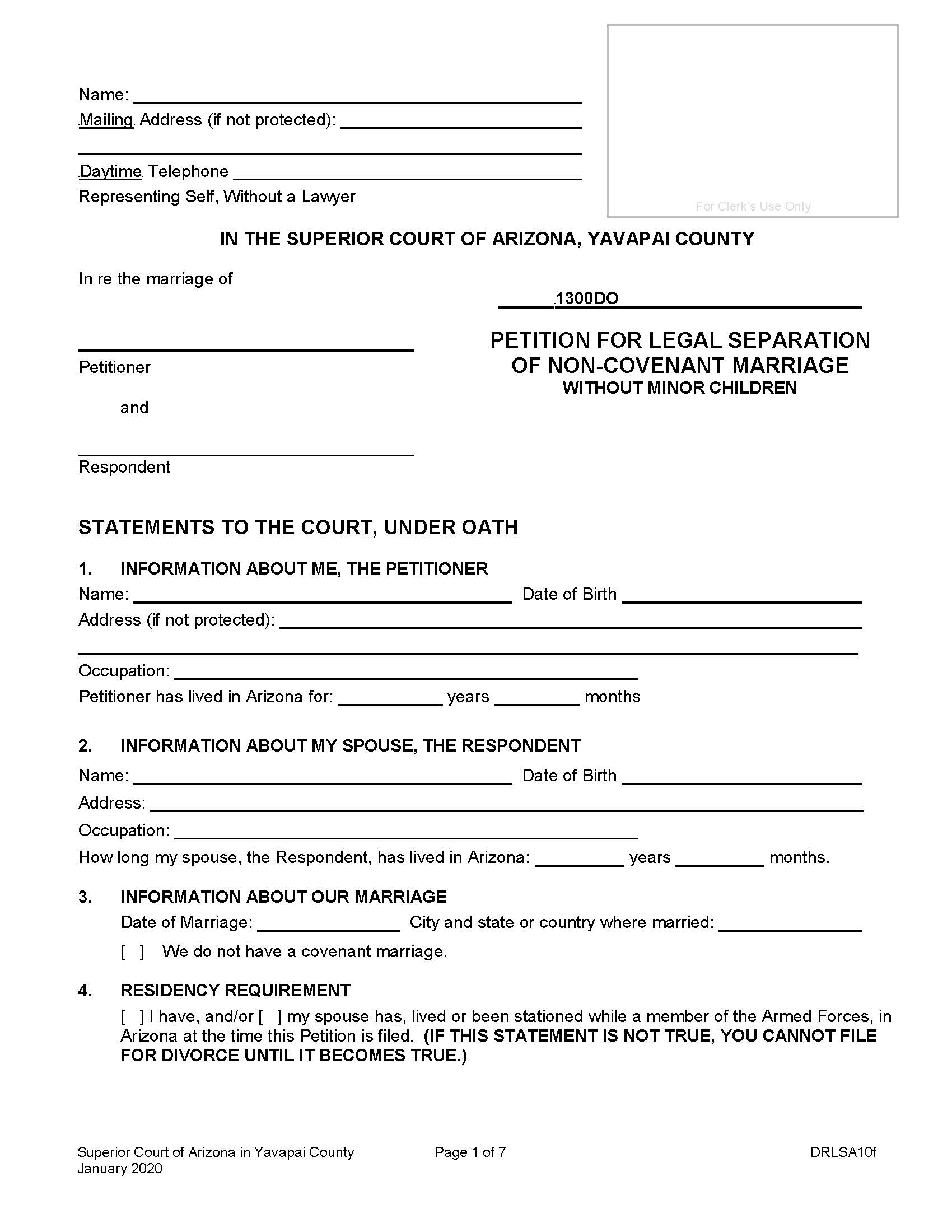 Petition For Legal Separation Of Non-Covenant Marriage Without Minor Children {DRLSA10f} | Pdf Fpdf Doc Docx | Arizona