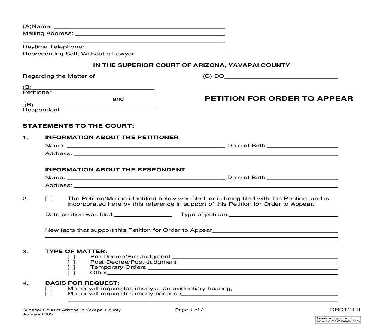 Petition For Order To Appear {DRDTC11f} | Pdf Fpdf Doc Docx | Arizona