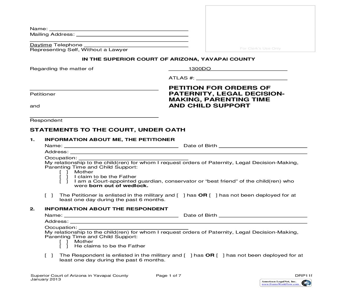 Petition For Orders Of Paternity Legal Decision Making Parenting Time And Cild Support {DRP11f} | Pdf Fpdf Doc Docx | Arizona