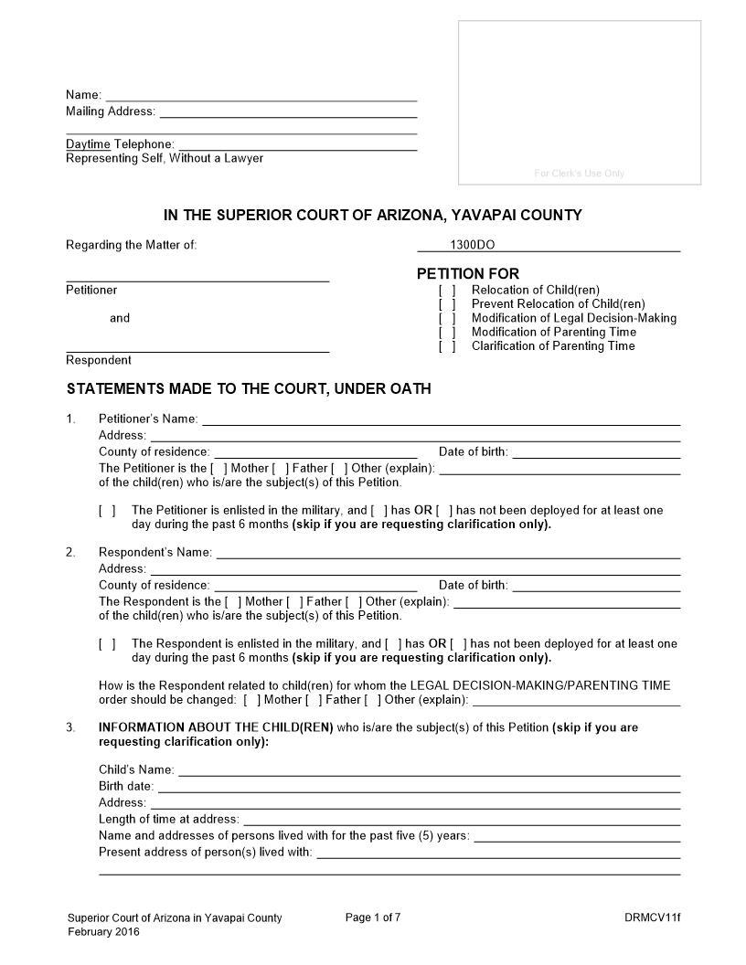 Petition For Relocation Modification Legal Decision Making {DRMCV11f} | Pdf Fpdf Docx | Arizona
