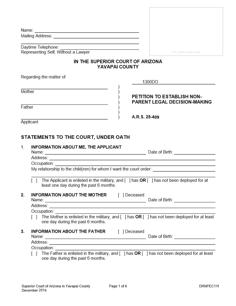 Petition To Establish Non Parent Legal Decision {DRNPEC11f} | Pdf Fpdf Docx | Arizona