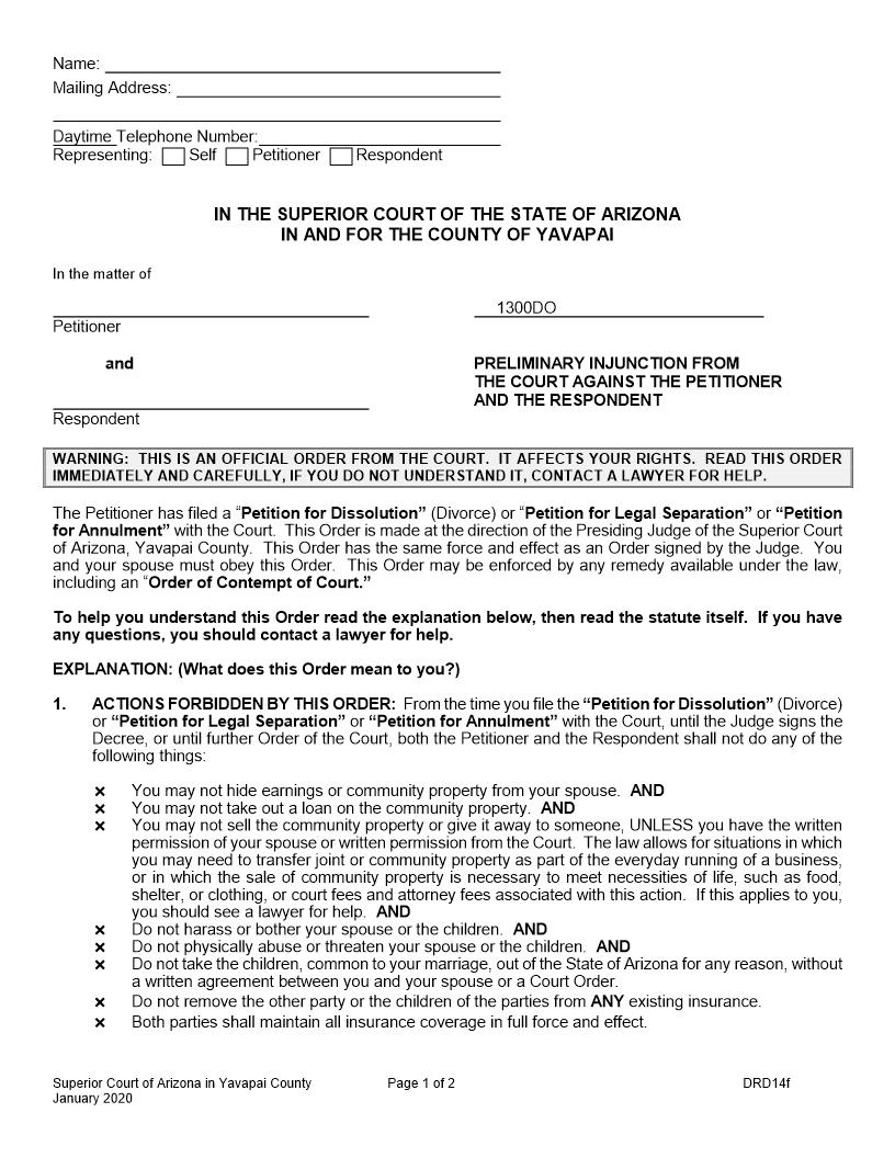 Preliminary Injunction From Court Against Petitioner And Respondent {DRD14f} | Pdf Fpdf Doc Docx | Arizona