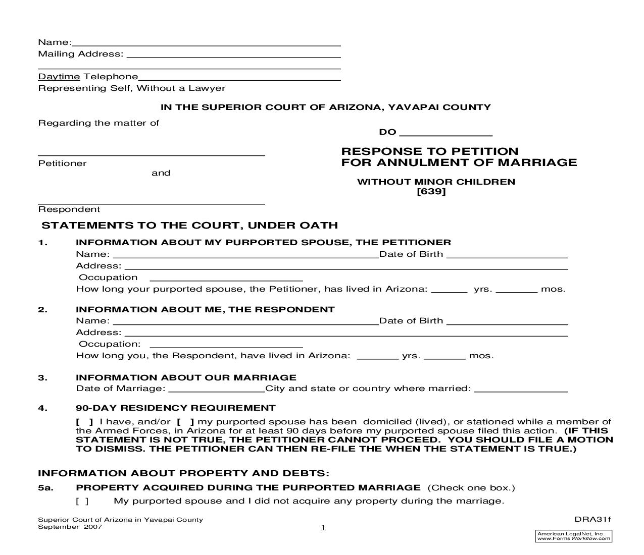 Response To Petition For Annulment Of Marriage Without Minor Children {DRA31f} | Pdf Fpdf Doc Docx | Arizona