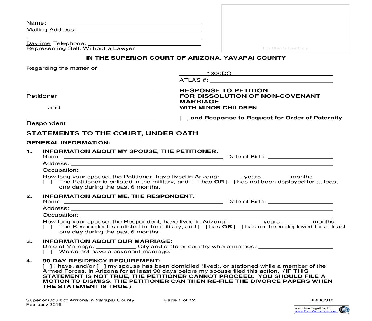 Response To Petition For Dissolution Of Marriage With Minor Children {DRDC31f} | Pdf Fpdf Doc Docx | Arizona