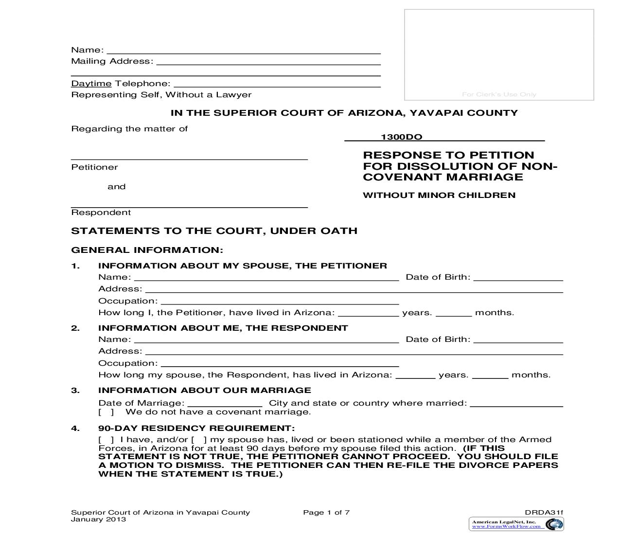 Response To Petition For Dissolution Of Non-Covenant Marriage Without Minor Children {DRDA31f} | Pdf Fpdf Doc Docx | Arizona