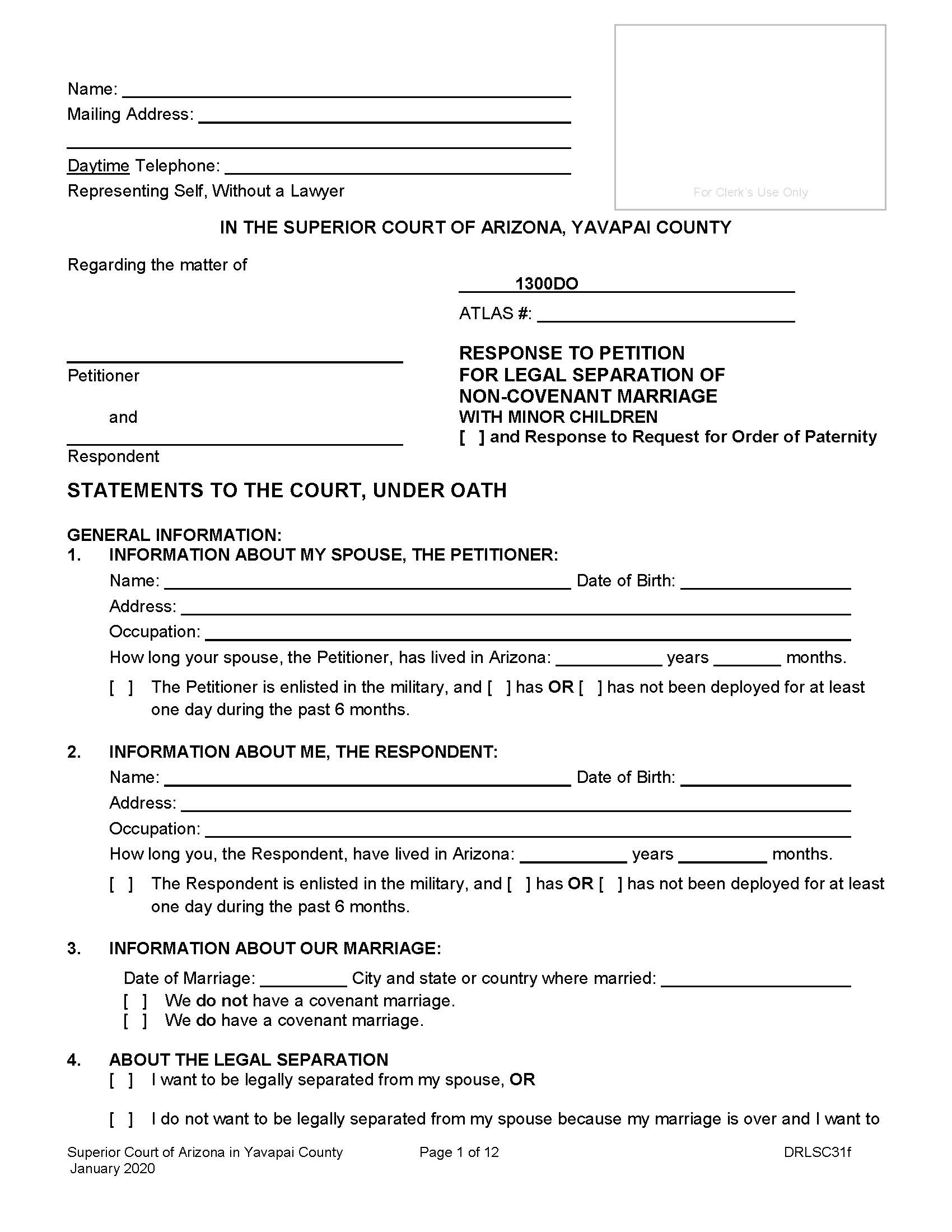 Response To Petition For Legal Separation Of Non Covenant Marriage With Minor Children {DRLSC31f} | Pdf Fpdf Doc Docx | Arizona