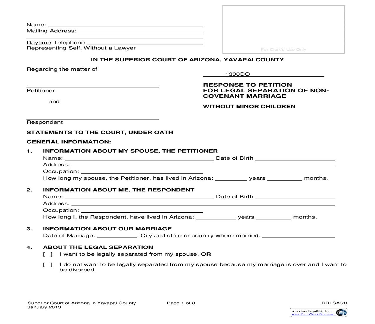 Response To Petition For Legal Separation Of Non-Covenant Marriage Without Minor Children {DRLSA31f} | Pdf Fpdf Doc Docx | Arizona
