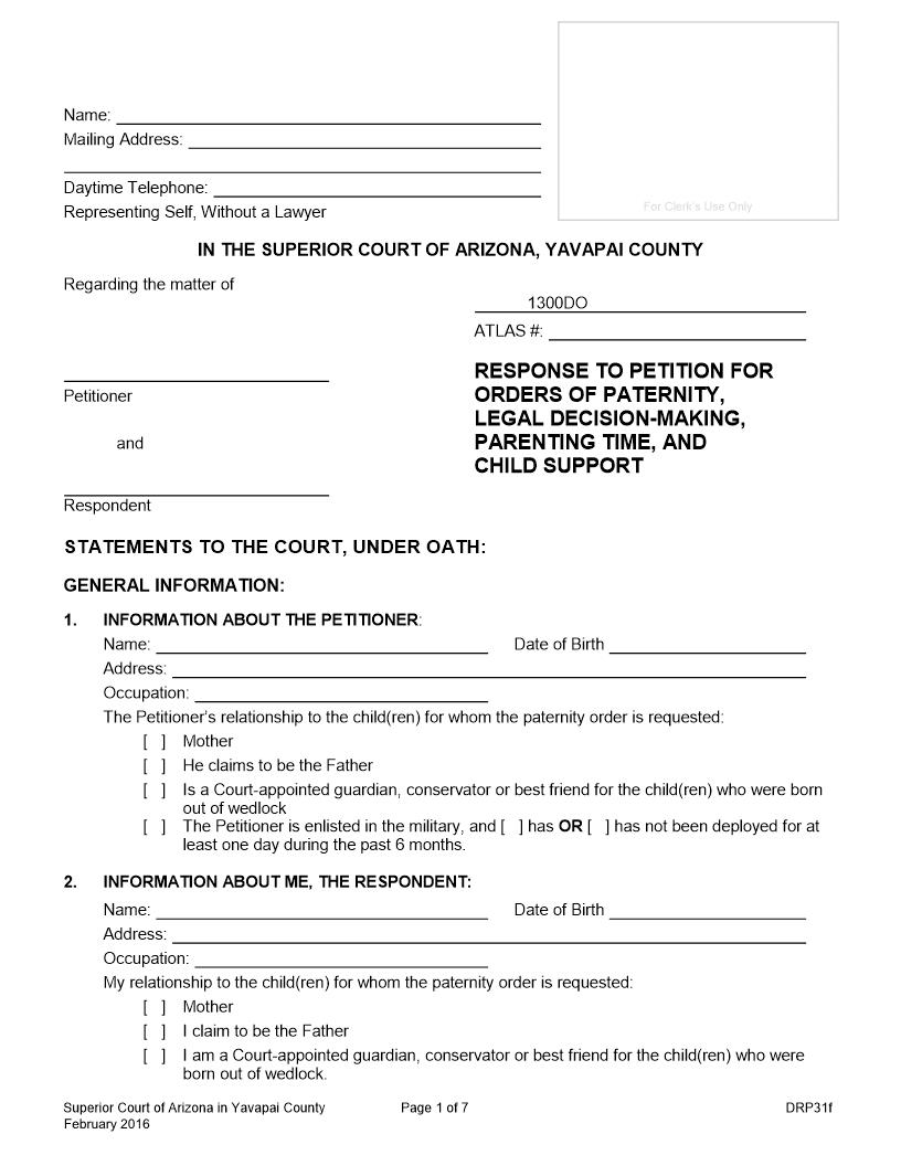Response To Petition For Orders Of Paternity Legal Decision {DRP31f} | Pdf Fpdf Docx | Arizona