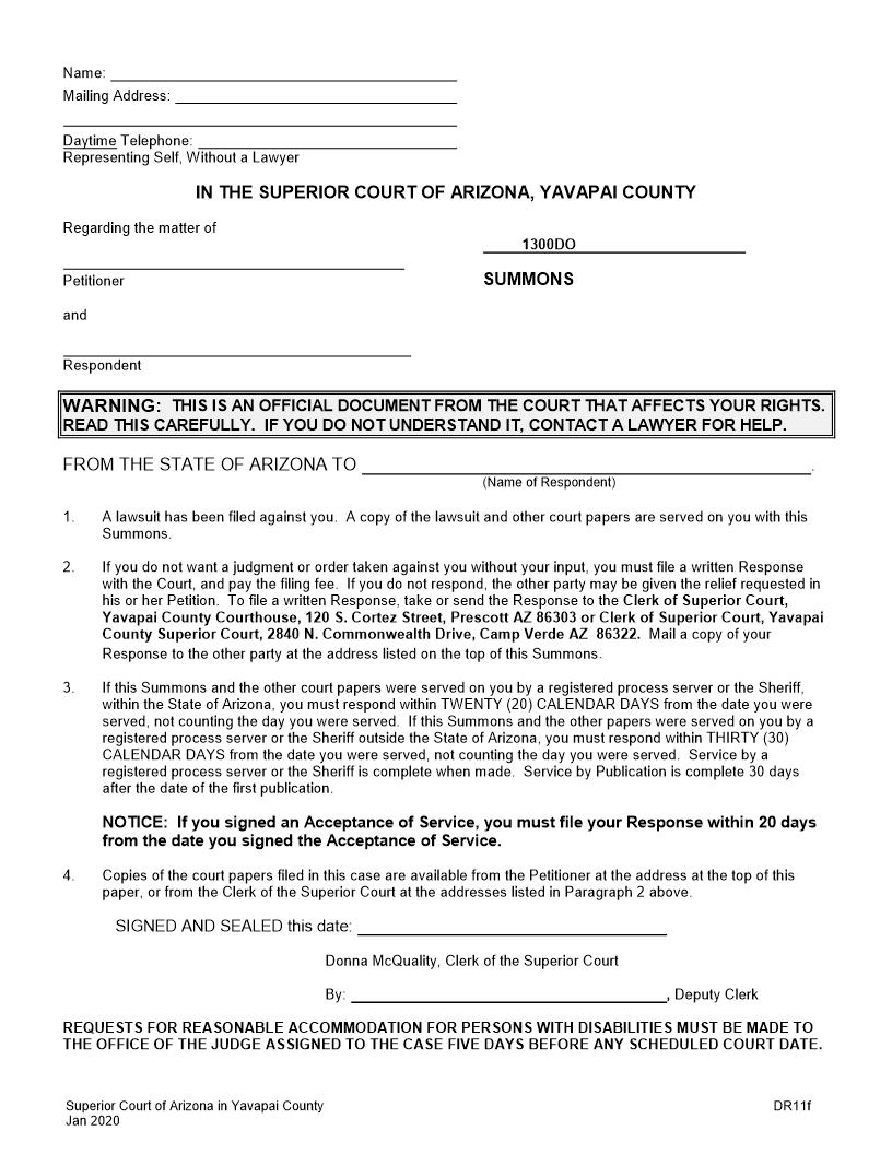 Summons {DR11f} | Pdf Fpdf Doc Docx | Arizona
