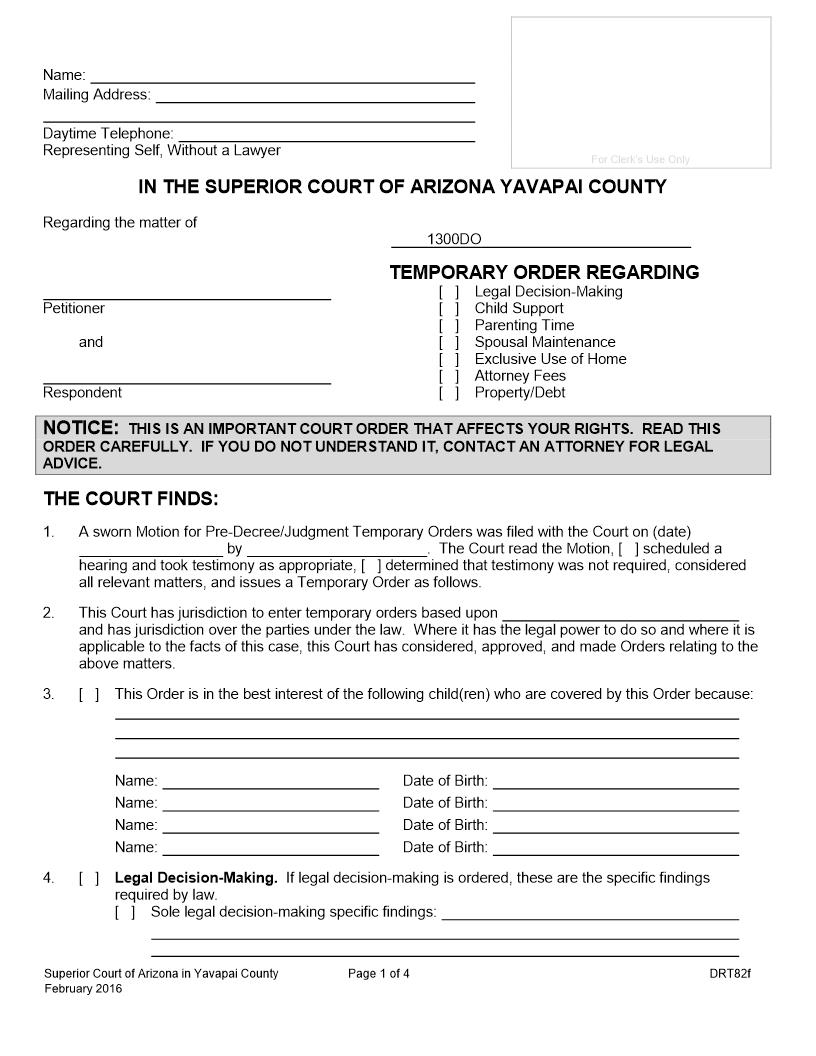 Temporary Order Re Legal Decision Child Support Parenting Time {DRT82f} | Pdf Fpdf Docx | Arizona