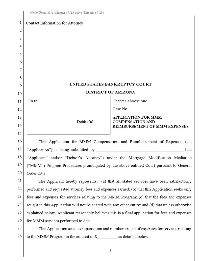 Application For MMM Compensation And Reimbursement Of MMM Expenses {MMM Form 23A} | Pdf Fpdf Docx | Arizona