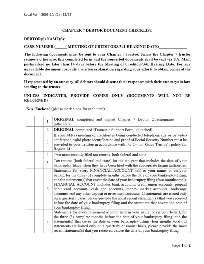 Chapter 7 Debtor Document Checklist {2003-2(a)(2)} | Pdf Fpdf Docx | Arizona