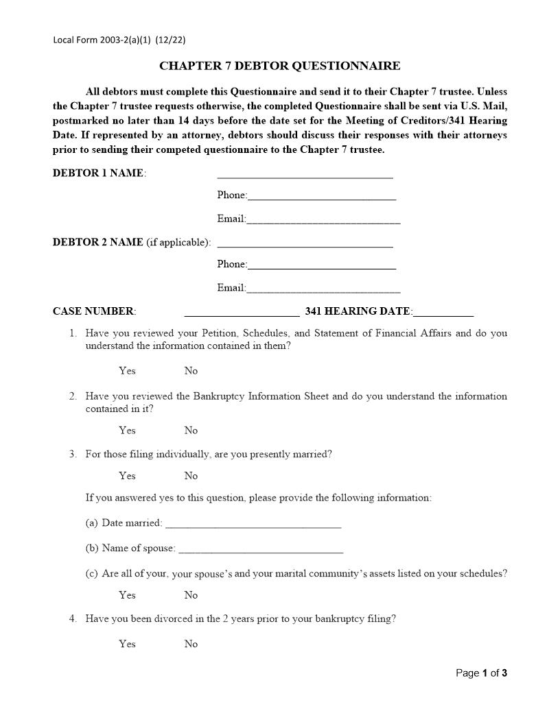 Chapter 7 Debtor Questionnaire {2003-2(a)(1)} | Pdf Fpdf Docx | Arizona