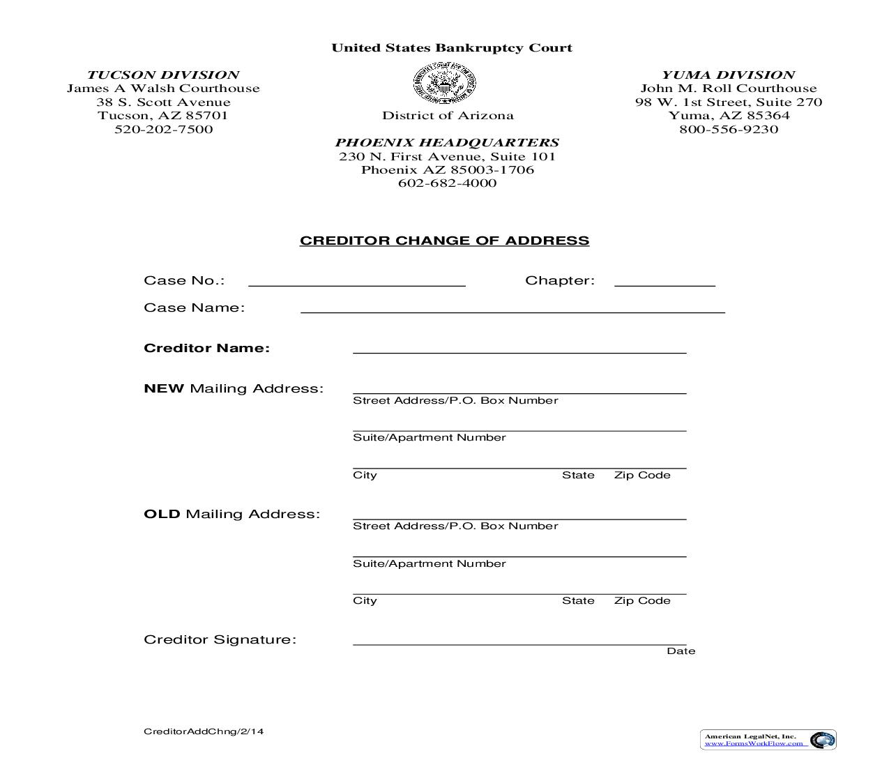 Creditor Change Of Address | Pdf Fpdf Doc Docx | Arizona