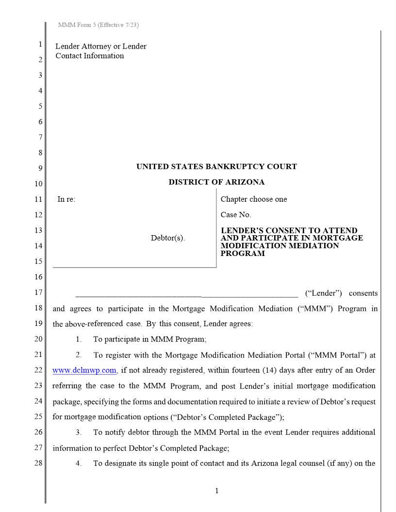 Lenders Consent To Attend And Participate In Mortgage Modification Mediation Program {MMM Form 5} | Pdf Fpdf Docx | Arizona