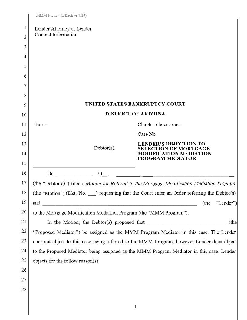 Lenders Objection To Selection Of Mortgage Modification Mediation Program Mediator {MMM Form 4} | Pdf Fpdf Docx | Arizona