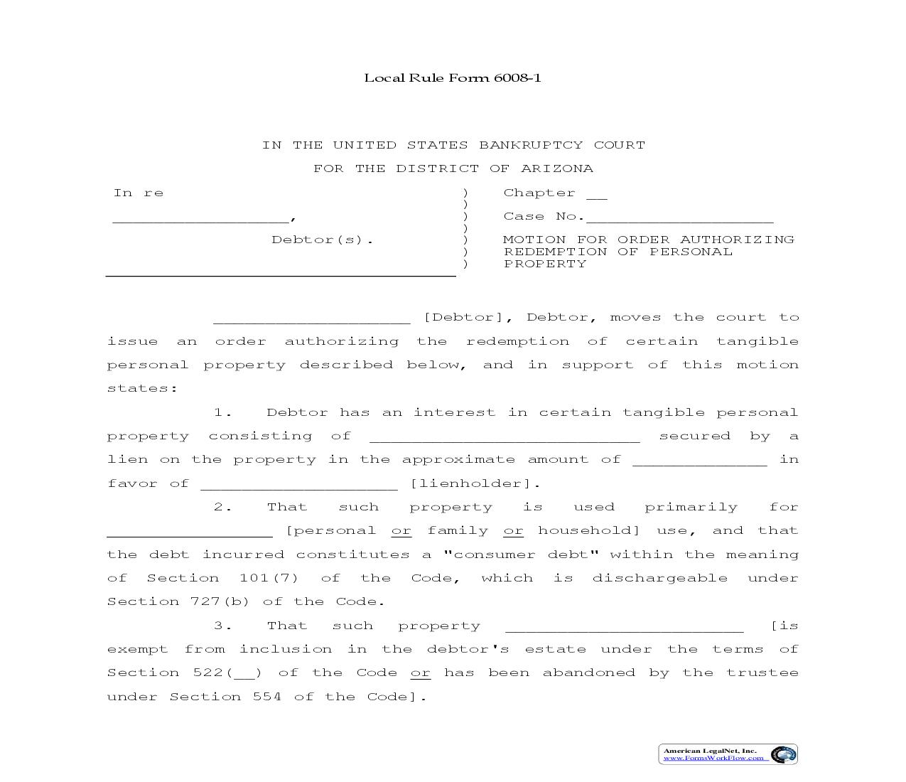Motion For Order Authorizing Redemption Of Personal Property | Pdf Fpdf Doc Docx | Arizona