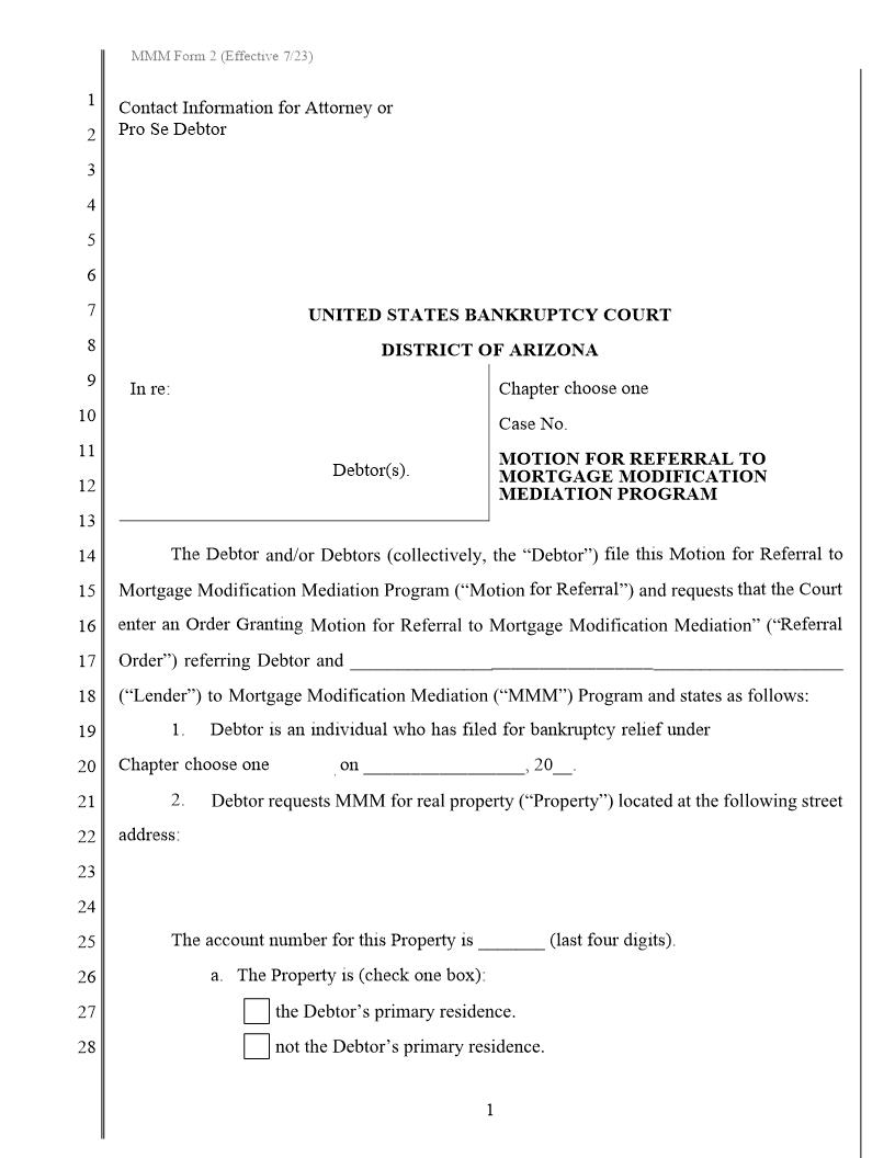 Motion For Referral To Mortgage Modification Mediation Program {MMM Form 2} | Pdf Fpdf Docx | Arizona