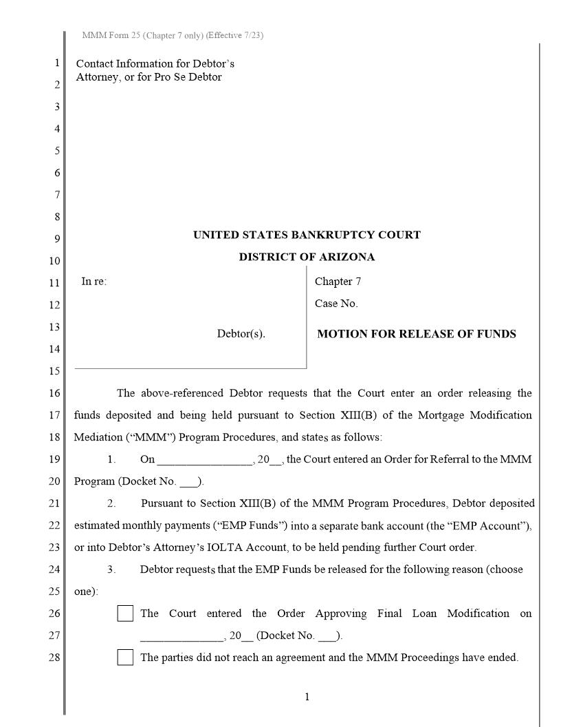 Motion For Release Of Funds {MMM Form 25} | Pdf Fpdf Docx | Arizona