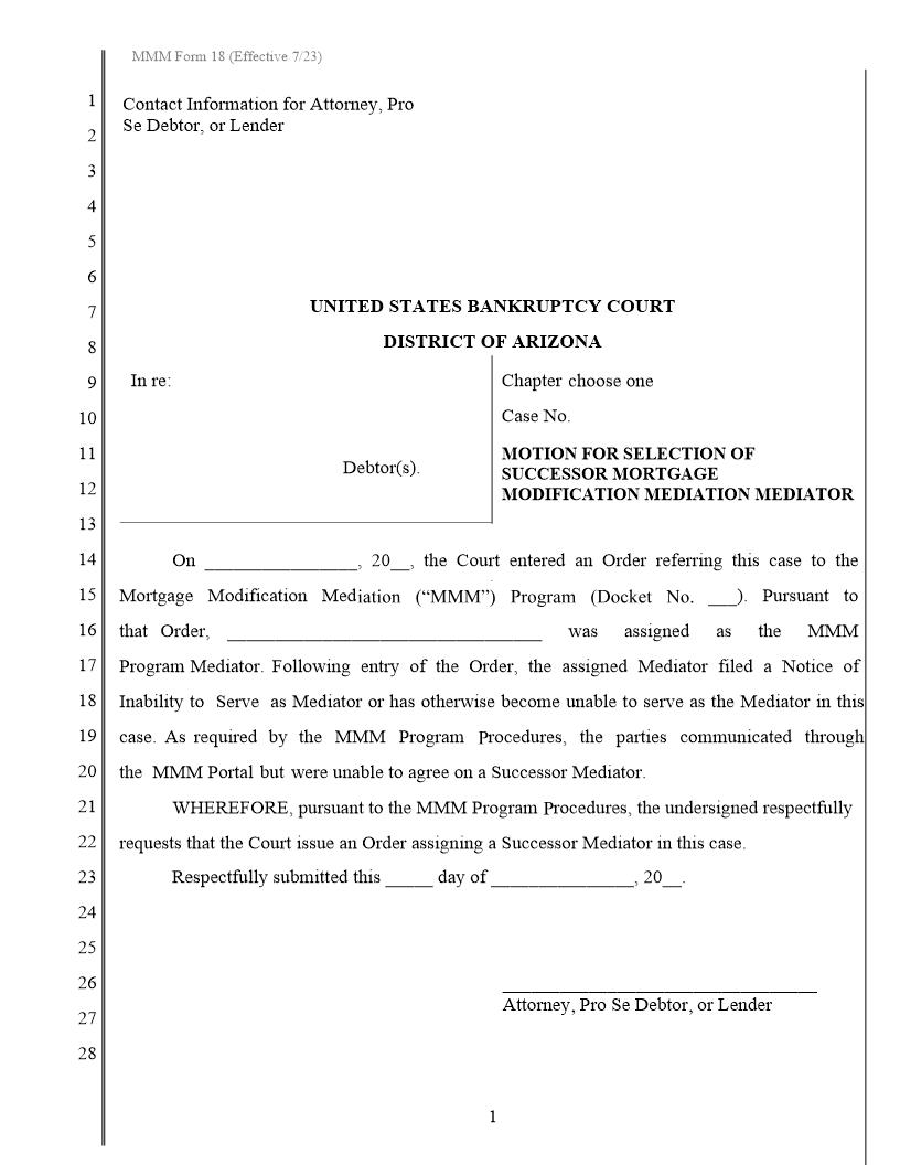 Motion For Selection Of Successor Mortgage Modification Mediation Mediator {MMM Form 18} | Pdf Fpdf Docx | Arizona