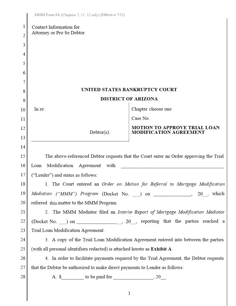 Motion To Approve Trial Loan Modification Agreement {MMM Form 9A} | Pdf Fpdf Docx | Arizona
