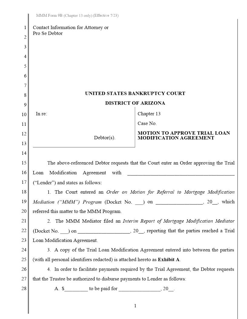 Motion To Approve Trial Loan Modification Agreement {MMM Form 9B} | Pdf Fpdf Docx | Arizona