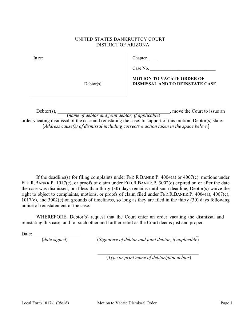 Motion To Vacate Order Of Dismissal {1017-1} | Pdf Fpdf Docx | Arizona