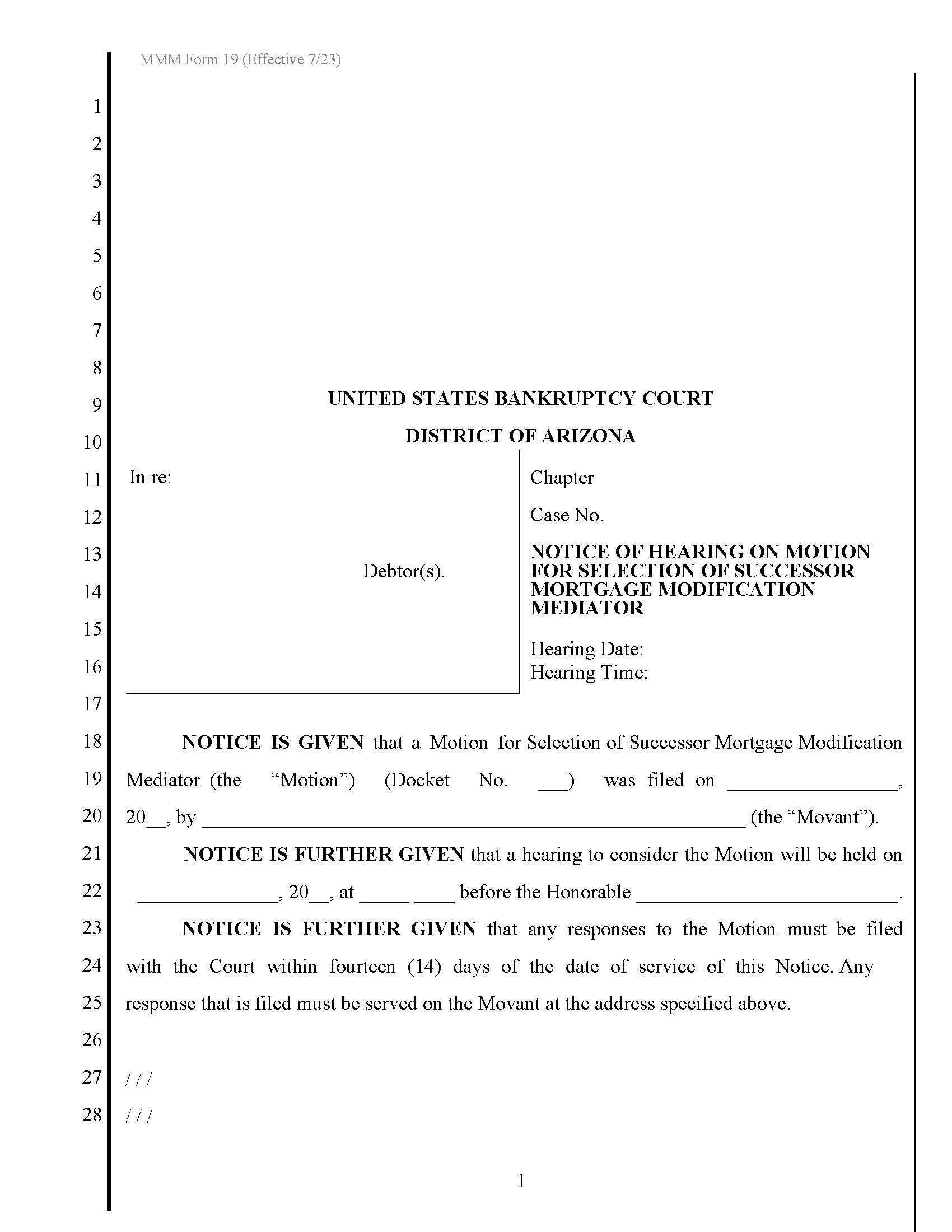 Notice Of Hearing Motion For Selection Of Successor Mortgage Modification Mediator {MMM Form 19} | Pdf Fpdf Docx | Arizona