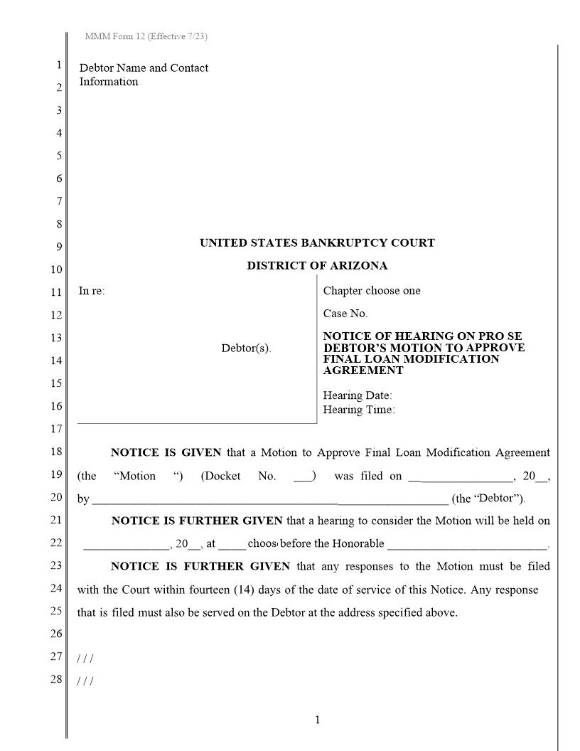 Notice Of Hearing On Pro Se Motion To Approve Final Loan Agreement {MMM Form 12} | Pdf Fpdf Docx | Arizona