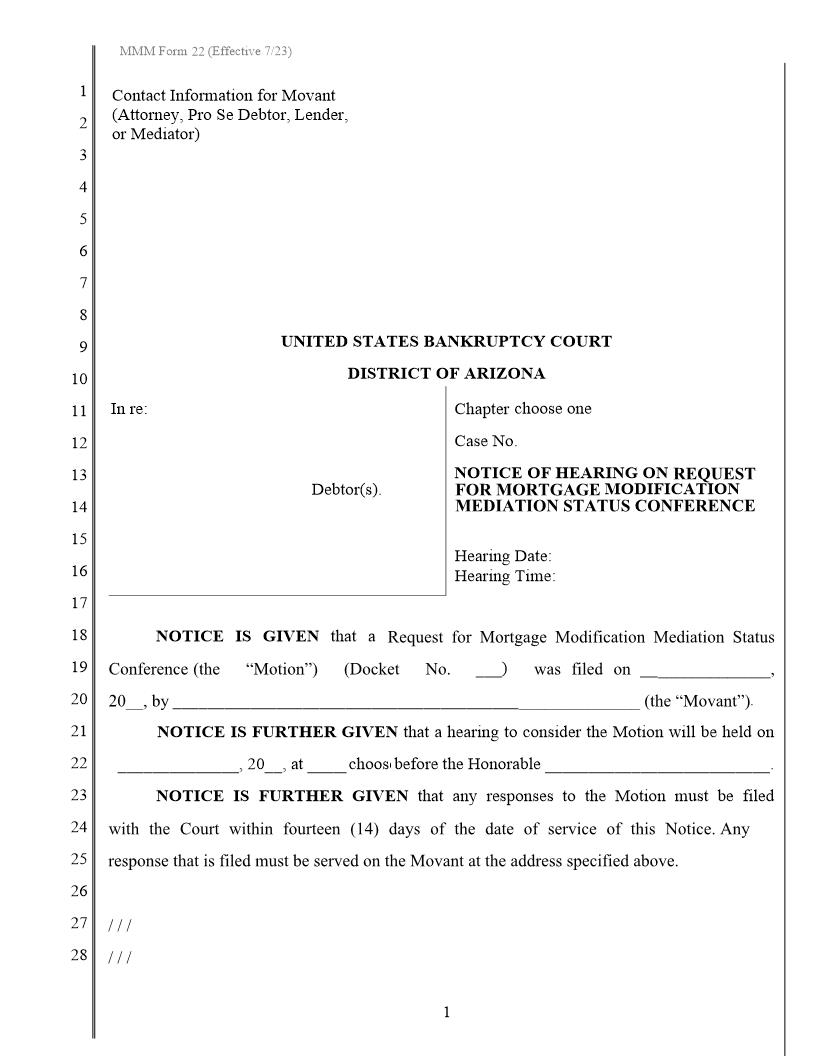 Notice Of Hearing On Request For Mortgage Modification Mediation Status Conference {MMM Form 22} | Pdf Fpdf Docx | Arizona