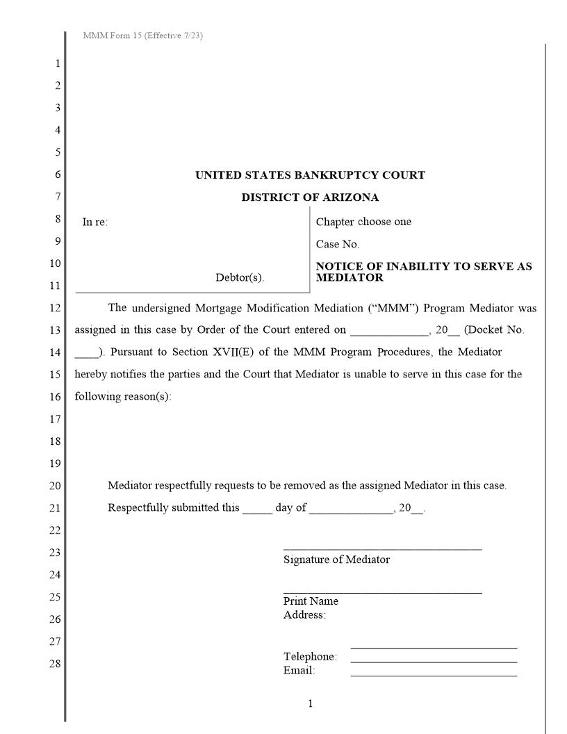 Notice Of Inability To Serve As Mediator {MMM Form 15} | Pdf Fpdf Docx | Arizona
