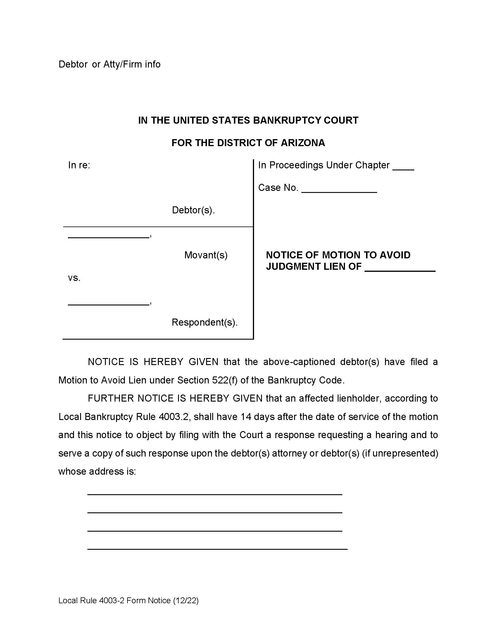 Notice Of Motion To Avoid Lien | Pdf Fpdf Doc Docx | Arizona