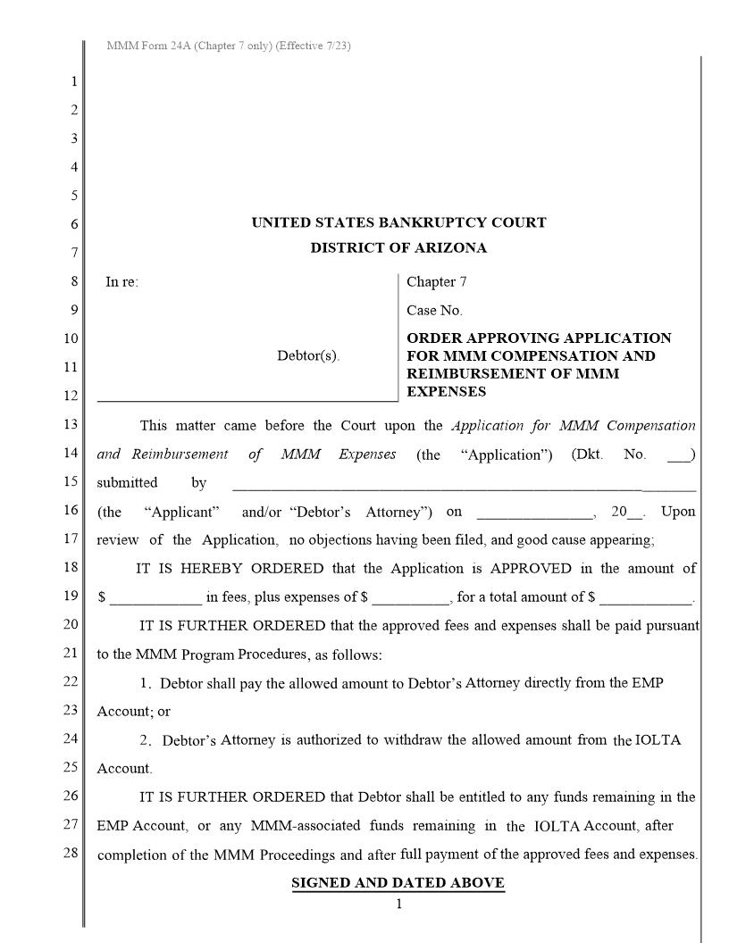 Order Approving Application For MMM Compensation And Reimbursement Of MMM Expenses {MMM Form 24A} | Pdf Fpdf Docx | Arizona