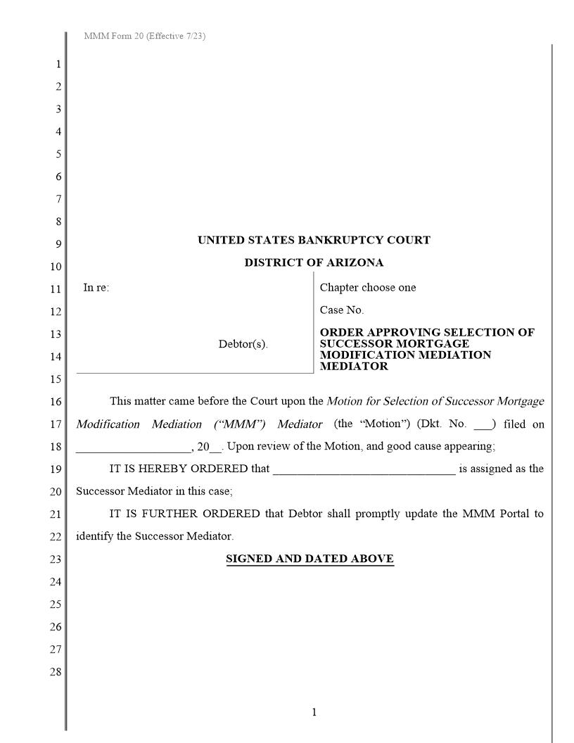 Order Approving Selection Of Successor Mortgage Modification Mediation Mediator {MMM Form 20} | Pdf Fpdf Docx | Arizona