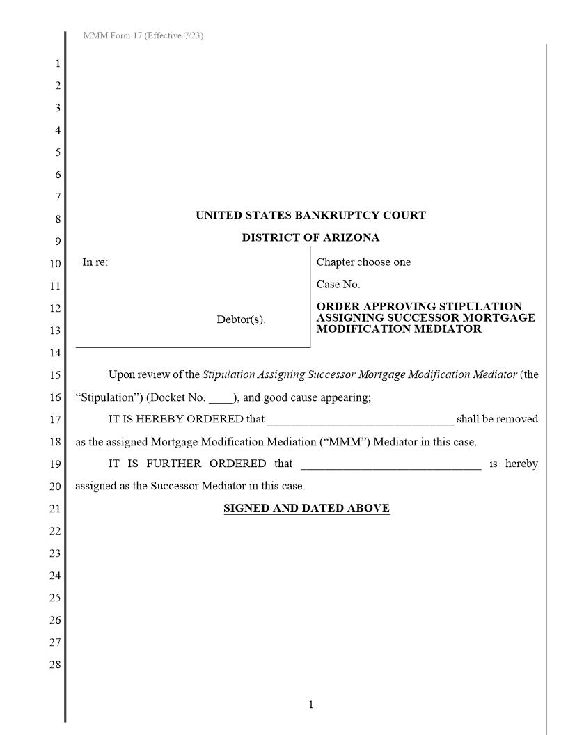 Order Approving Stipulation Assigning Successor Mortgage Modification Mediator {MMM Form 17} | Pdf Fpdf Docx | Arizona