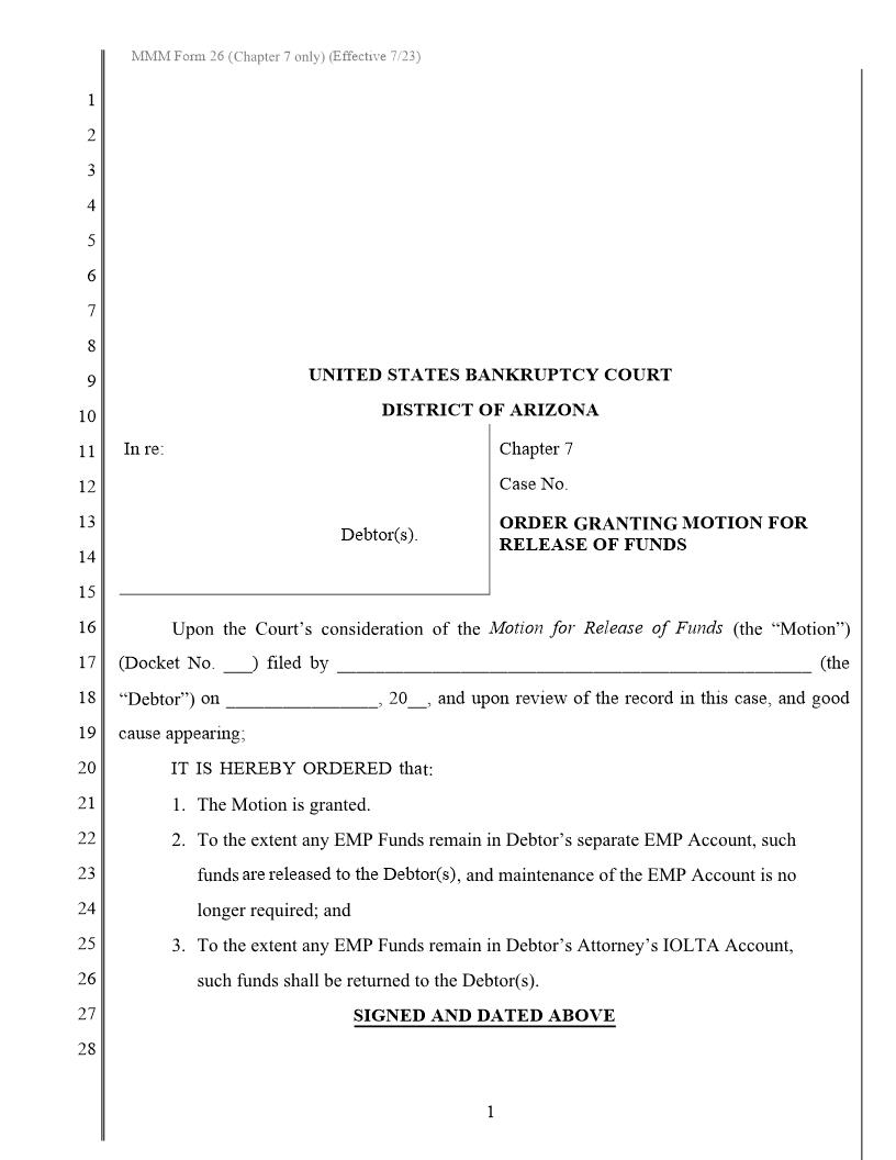 Order Granting Motion For Release Of Funds {MMM Form 26} | Pdf Fpdf Docx | Arizona