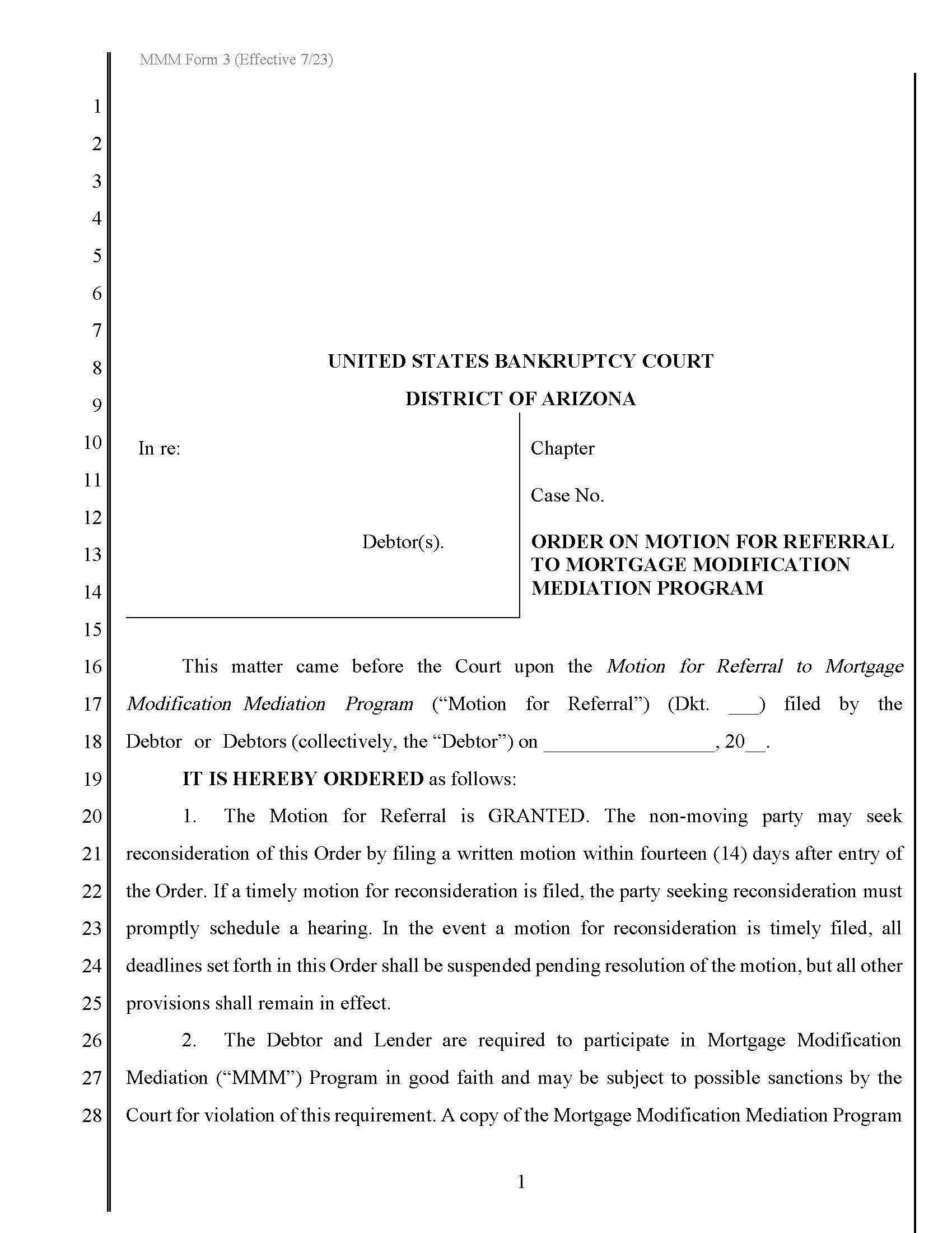 Order On Motion For Deferral To Mortgage Modification Mediation Program {MMM Form 3} | Pdf Fpdf Docx | Arizona