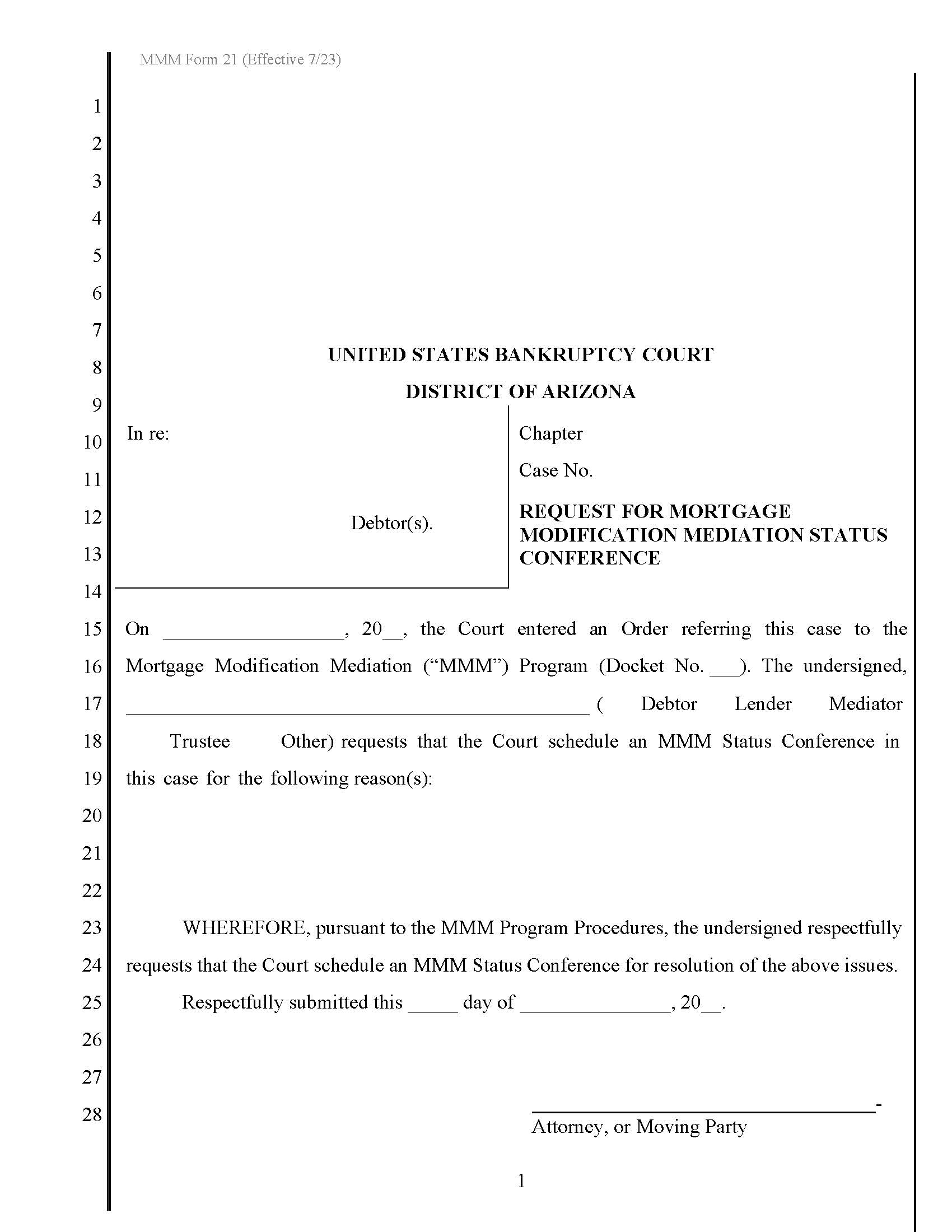 Request For Mortgage Modification Mediation Status Conference {MMM Form 21} | Pdf Fpdf Docx | Arizona