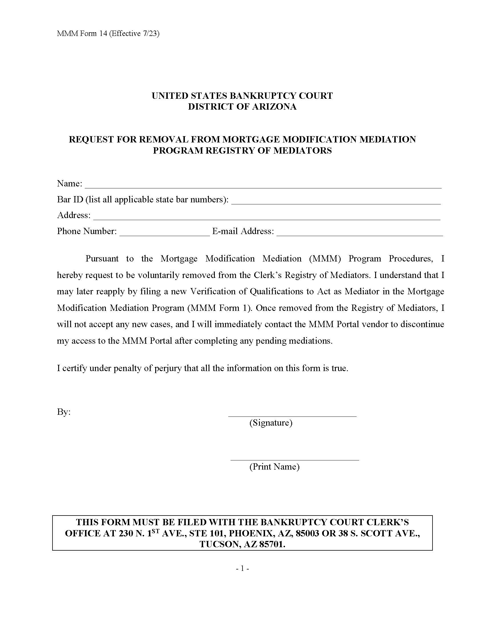Request For Removal From MMM Program Registry Of Mediators {MMM Form 14} | Pdf Fpdf Docx | Arizona