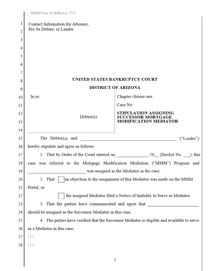 Stipulation Assigning Successor Mortgage Modification Mediator {MMM Form 16} | Pdf Fpdf Docx | Arizona