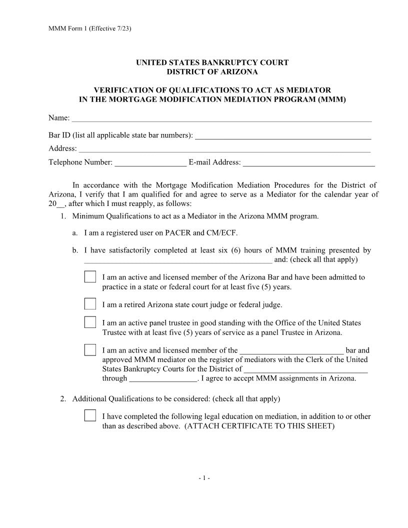 Verification Of Qualifications To Act As Mediator In The MMM Program {MMM Form 1} | Pdf Fpdf Docx | Arizona